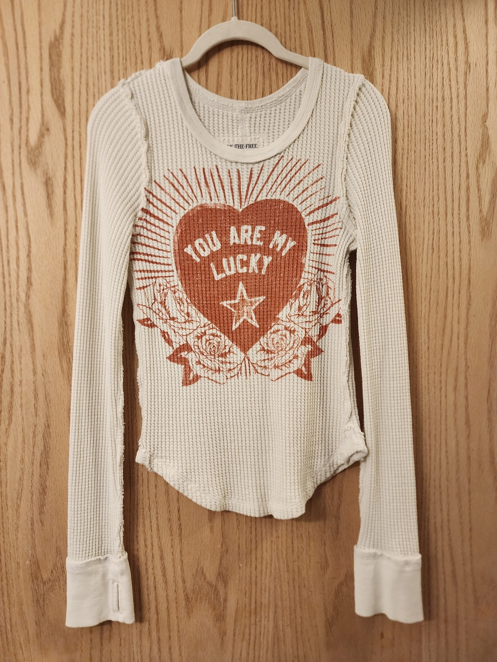 We The Free Cream Waffle Long Sleeve Shirt with Rust Heart Graphic and Roses